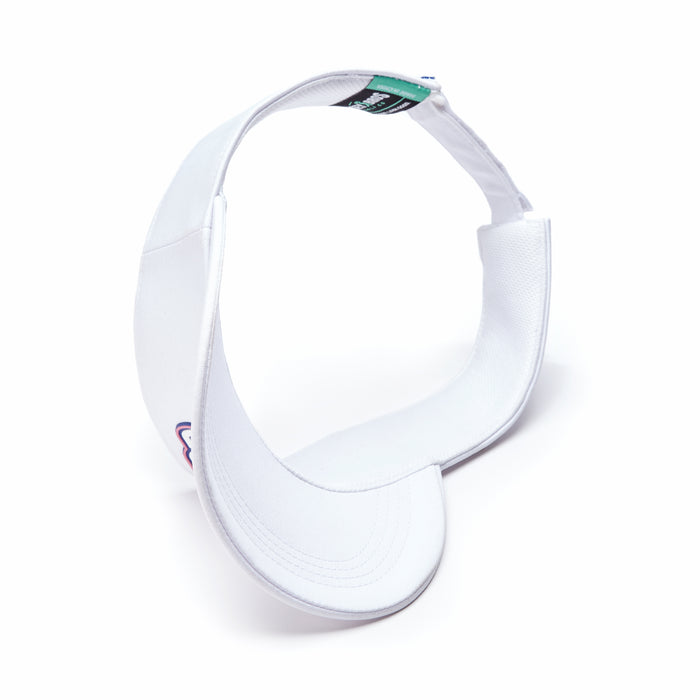The Da 90's - Visor is a white sports visor with a curved brim and open top, shown from above at an angle. It features performance fabric, a fabric band, Velcro adjustment strap, and a small red and blue embroidered logo. Plain white background.