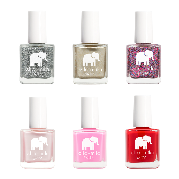 Dream Collection 6 nail polish bottles in silver, gold and pink glitters, pale pink, hot pink and red