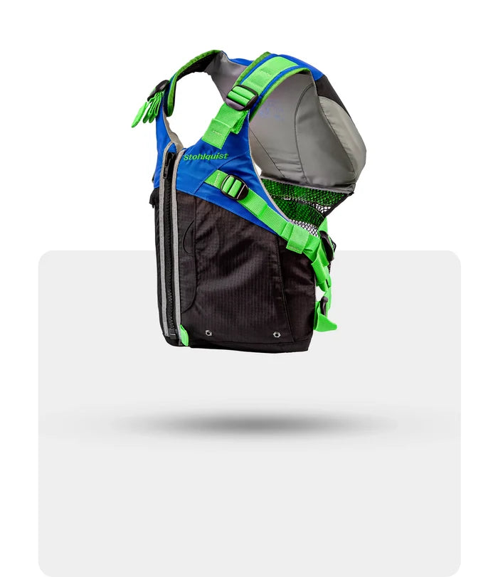 Side view of electric lime green and blue kayaking life jacket with adjustable straps