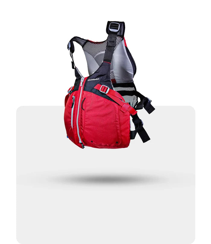 Red kayaking life jacket with black straps and front zipper, side profile view