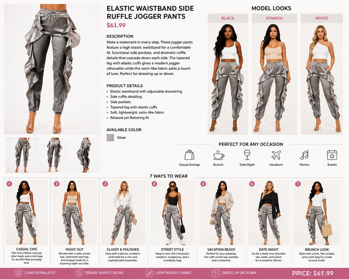 Elastic Waistband Side Ruffle Jogger Pants