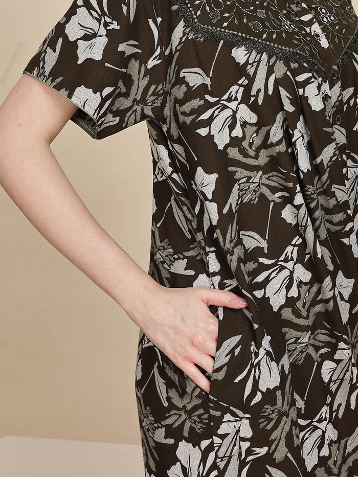 Elegant Green Floral Nightdress For Women