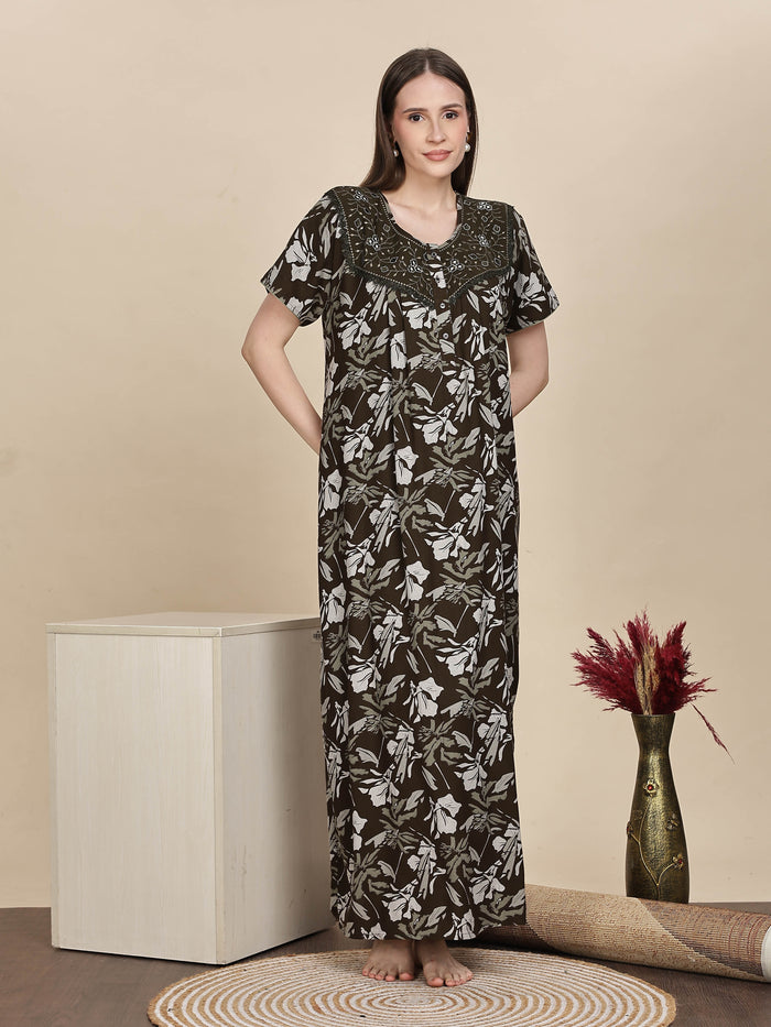 Elegant Green Floral Nightdress For Women