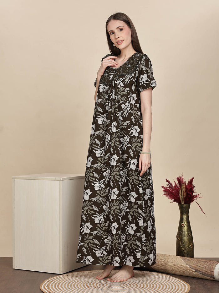 Elegant Green Floral Nightdress For Women