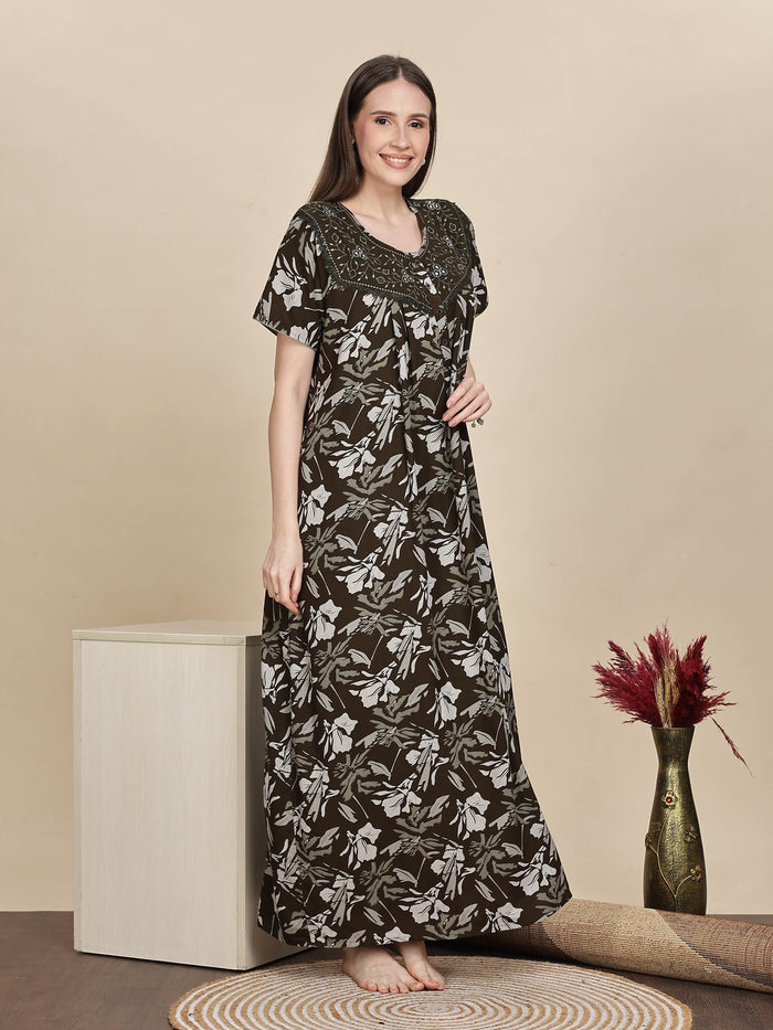 Elegant Green Floral Nightdress For Women