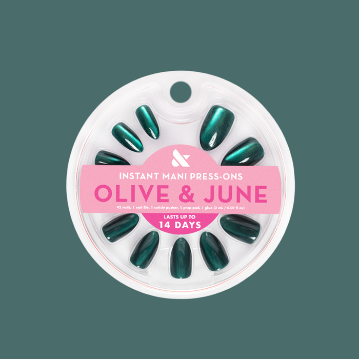 Emerald Velvet - Press-On | Medium | Almond emerald green velvet effect false nails in circular case display