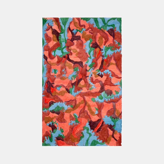 The artwork 'Entwine' by Winnie Sidharta features vibrant watercolor patterns with flowing coral-red forms interweaving with turquoise and emerald green elements. The organic shapes create a dynamic abstract composition, suggesting natural movement and growth. The fluid brushstrokes and color transitions showcase the translucent quality of watercolor on paper.