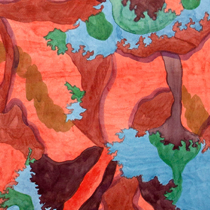 The artwork 'Entwine' by Winnie Sidharta features an abstract watercolor composition with flowing organic shapes in coral red, deep burgundy, and seafoam green. The patterns interweave and merge, creating a dynamic interplay of cool and warm tones. Delicate brushstrokes reveal textural elements while jagged edges suggest natural formations. The fluid design on paper emphasizes movement and balance.