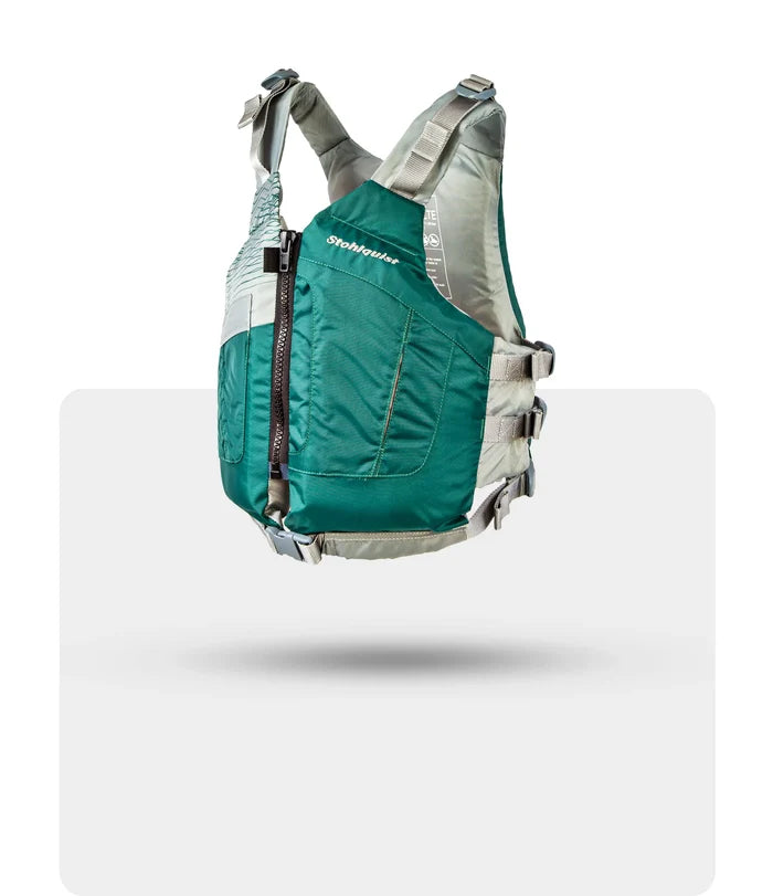 Green Stohlquist PFD life jacket for kayaking and paddling safety with adjustable straps