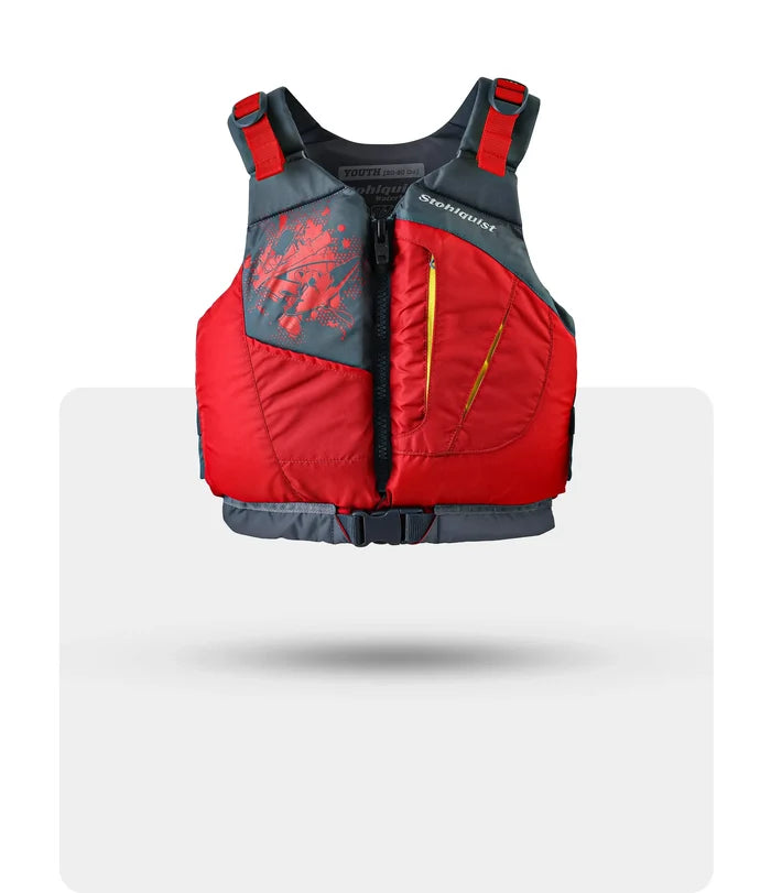 Stohlquist red youth kayaking life jacket with front zipper and adjustable straps
