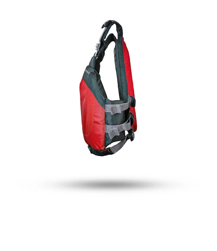 Stohlquist red youth kayaking life jacket with adjustable straps, side view on white background
