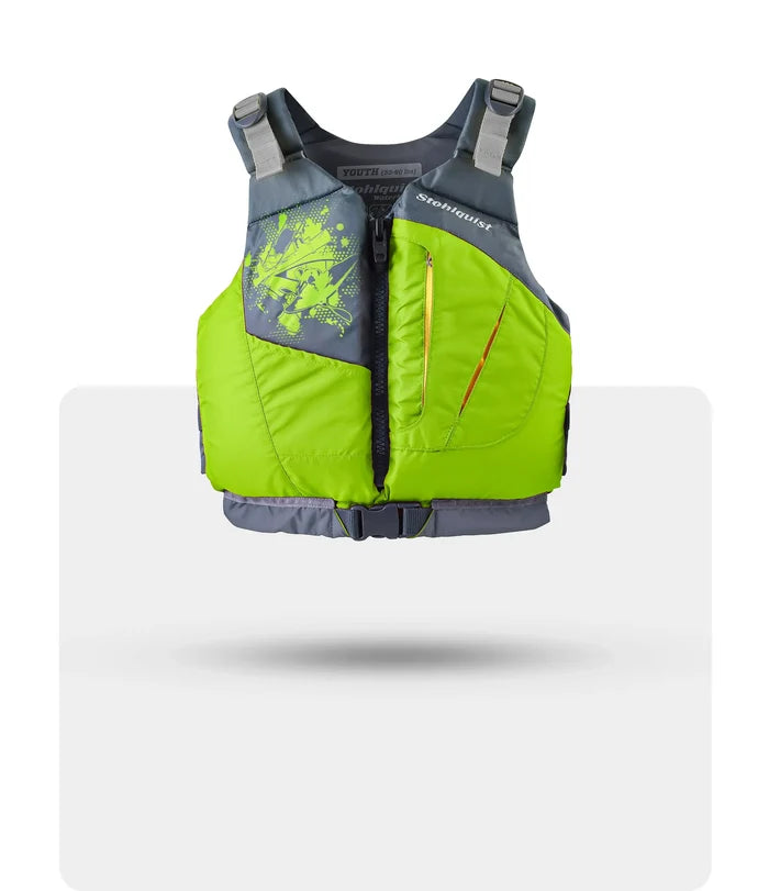 Stohlquist youth lime green kayaking life jacket with front zipper and gray trim