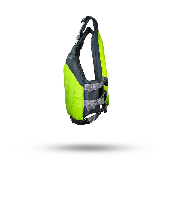 Stohlquist youth lime kayaking life jacket with side straps, isolated on white background