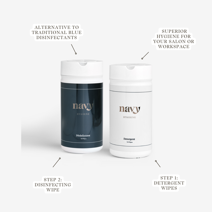 Navy Basic Hygiene Kit Features:
Alternative to traditional blue disinfectants.
Superior hygiene for your salon or workspace.
Step 1: Detergent Wipes (White Container)
Step 2: Disinfecting Wipes (Blue Container)