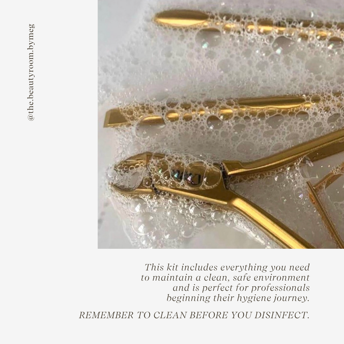 Navy Basic Hygiene Kit

Tools being washed in soapy water.

This kit includes everything you need maintain a clean, safe environment and is perfect for professionals beginning their hygiene journey.

Remember to clean before you disinfect. 

Image Credit: @the.beautyroom.bymeg