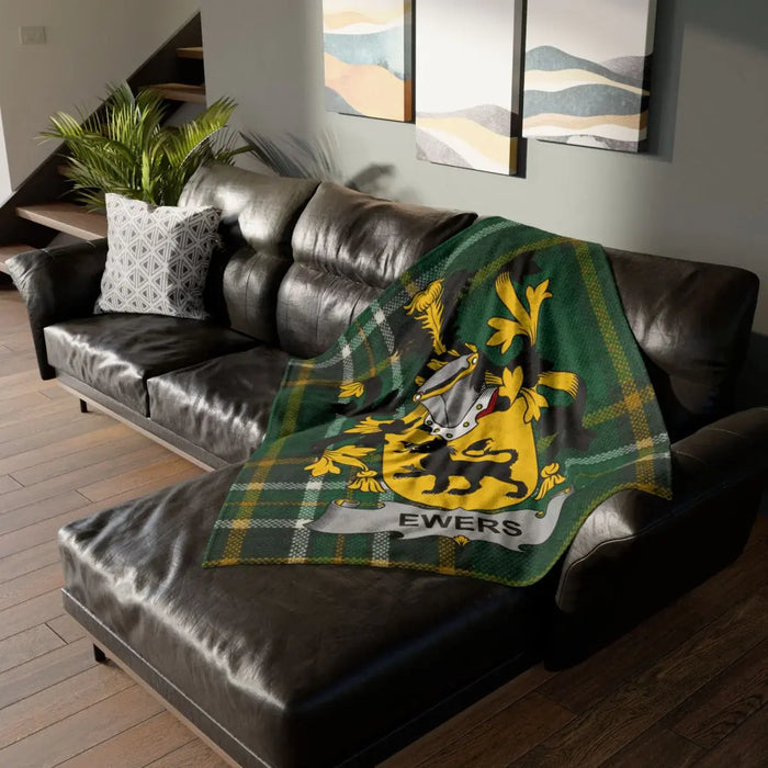 Ewers Family Crest Green and Gold Plaid Blanket