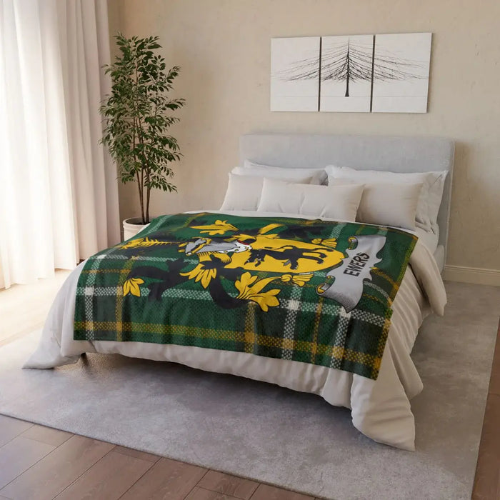 Green Plaid Blanket with Family Crest Design
