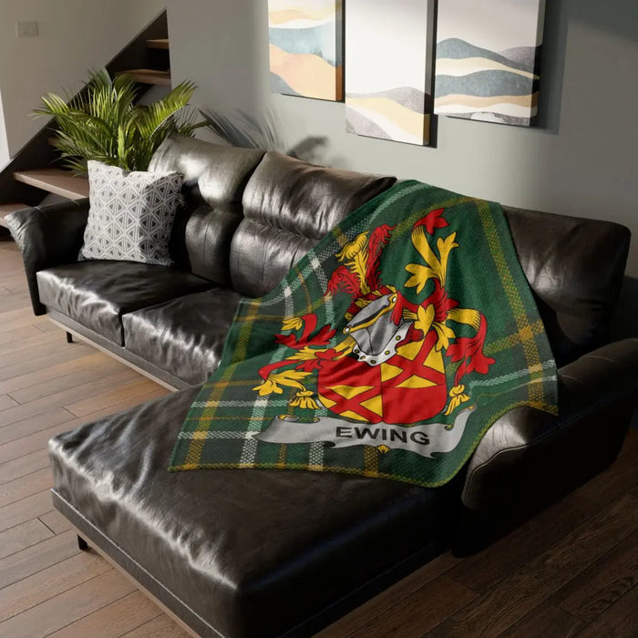 Ewing Family Crest Green Tartan Blanket