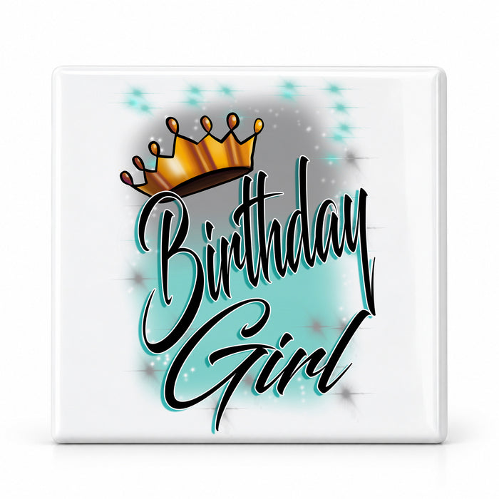 F038 Personalized Airbrushed Birthday Girl Ceramic Coaster