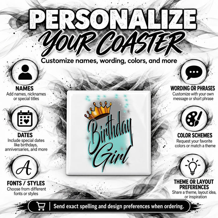 F038 Personalized Airbrushed Birthday Girl Ceramic Coaster