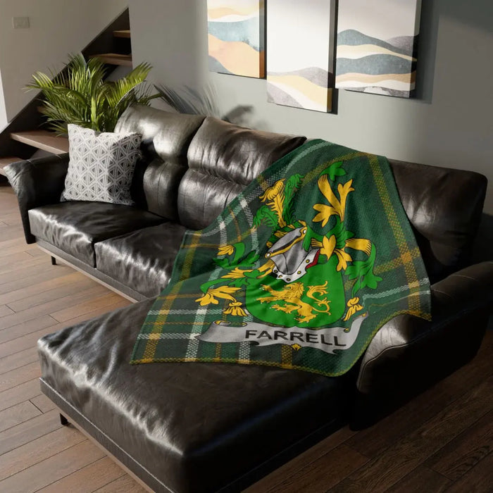 Farrell family crest printed blanket on the Irish National Tartan