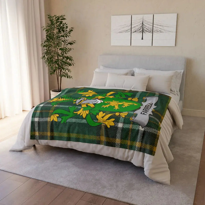 Irish National Tartan printed throw with the Farrell family crest