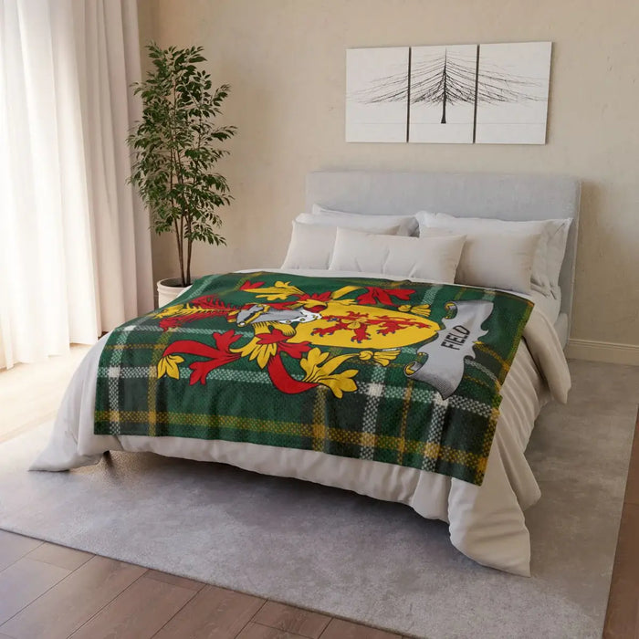 Field Irish surname printed polyester throw blanket with crest-style emblem