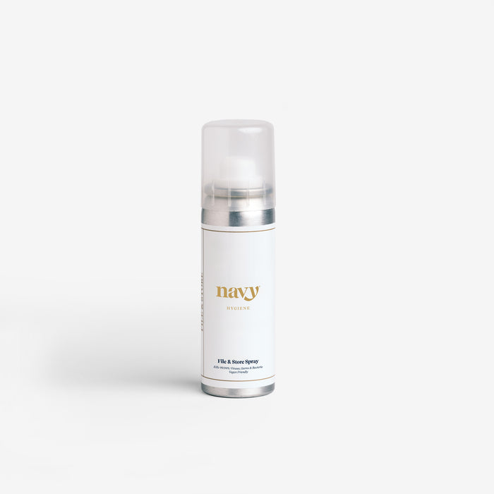 A spray can of Navy File & Store Sanitising Spray with a white label and silver cap.