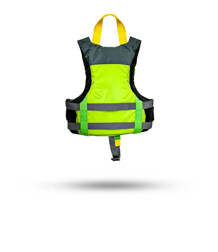 Stohlquist kids gray and green life jacket with safety straps and handle, paddling gear