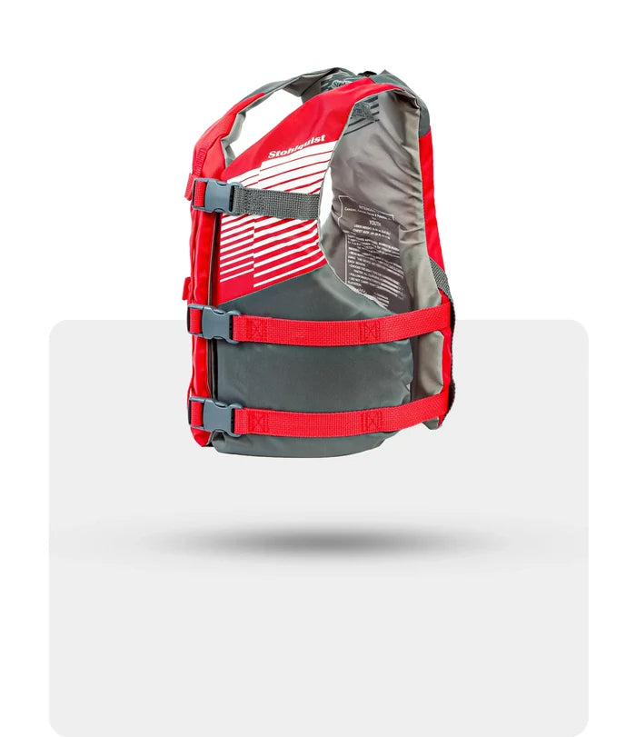 Stohlquist youth red and gray kayaking life jacket with adjustable straps