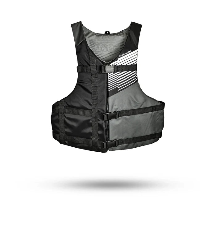 Stohlquist youth gray and black kayaking life jacket with adjustable straps, front view