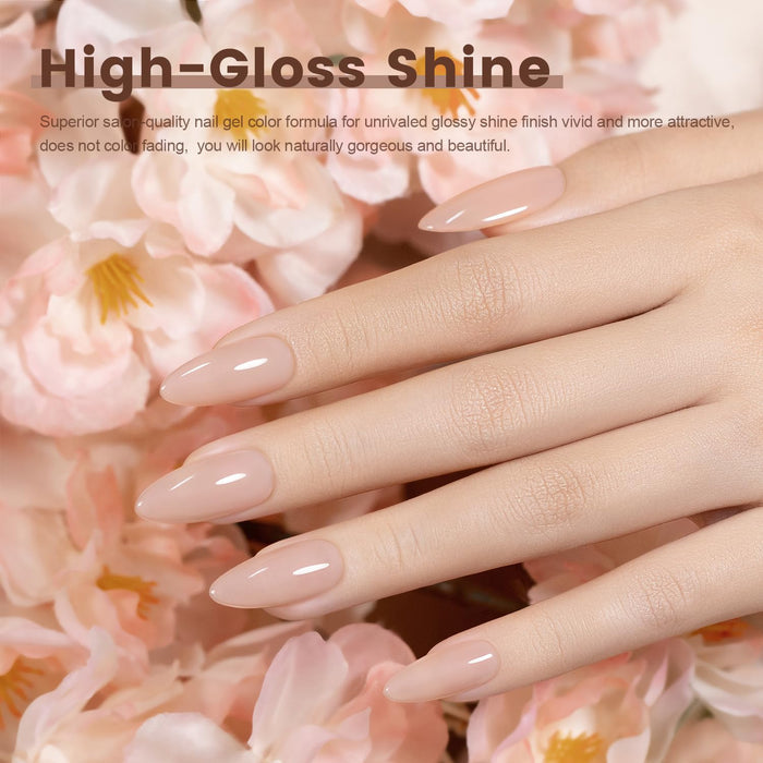Eggshell Pink soft nude manicure high-gloss shine natural elegant look on almond nails with flowers