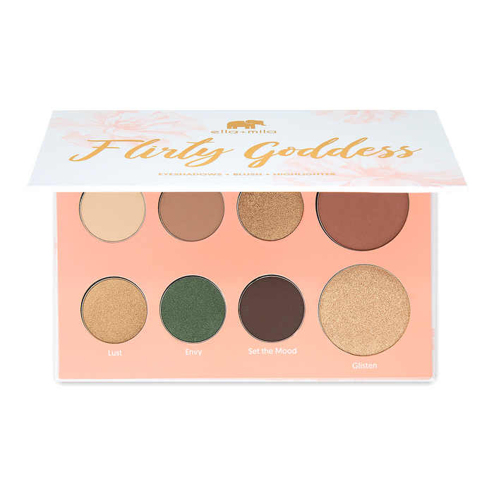 Flirty Goddess 8-shade eyeshadow palette in warm neutrals and greens – ella+mila
