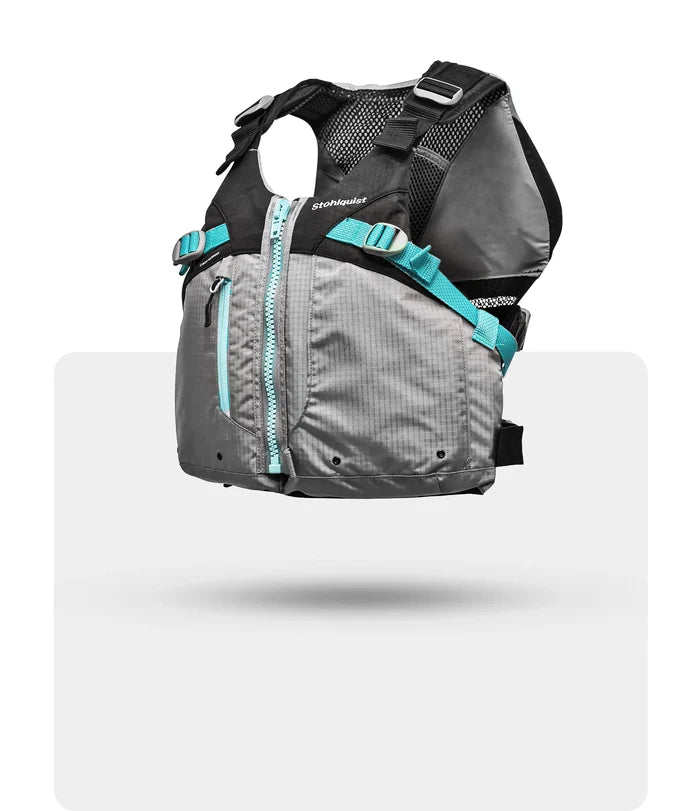 Stohlquist gray kayak life jacket with aqua accents and front zipper for paddling safety