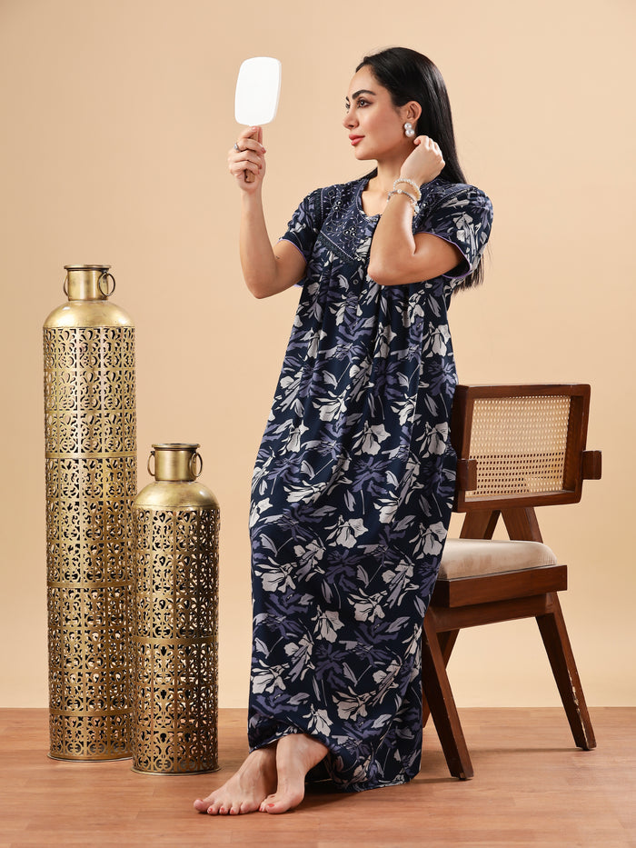 Soothing Blue Floral Maxi Nightdress with Embroidery