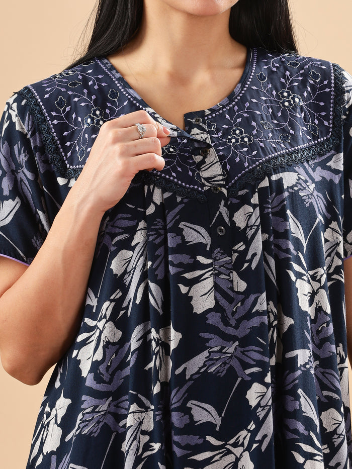 Soothing Blue Floral Maxi Nightdress with Embroidery