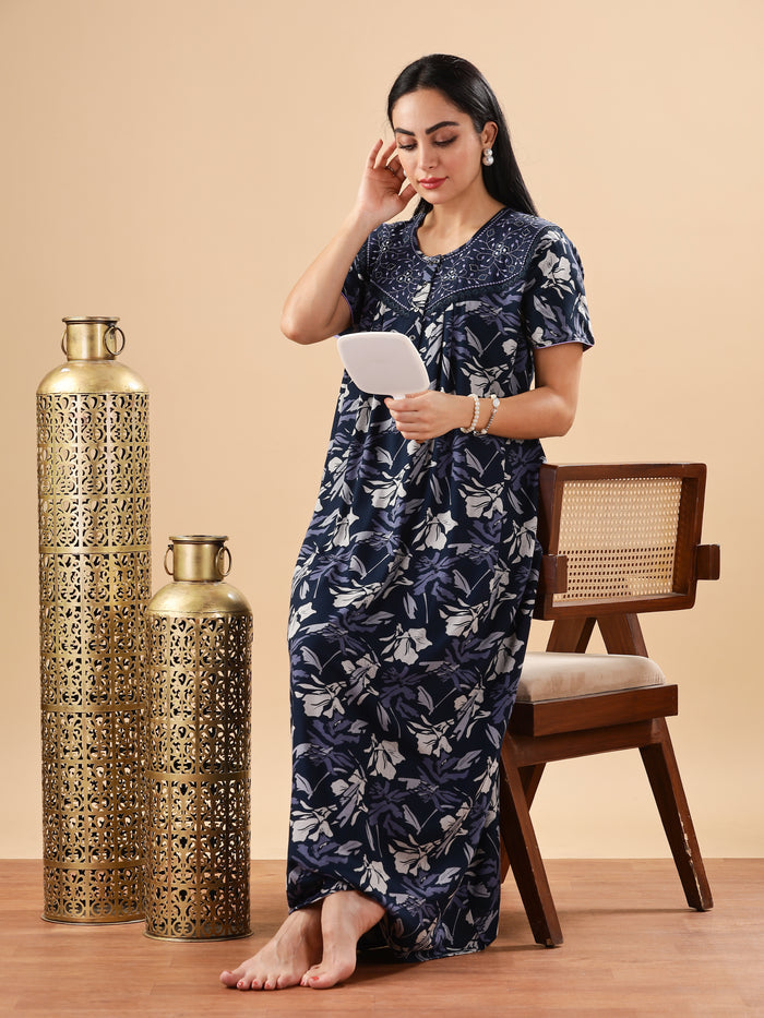 Soothing Blue Floral Maxi Nightdress with Embroidery