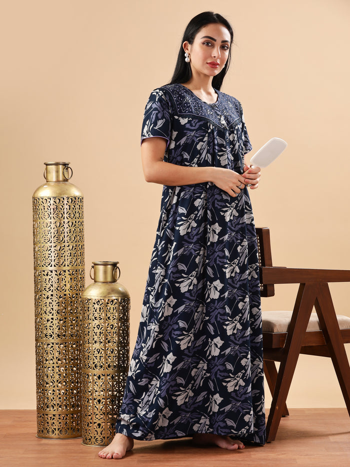 Soothing Blue Floral Maxi Nightdress with Embroidery