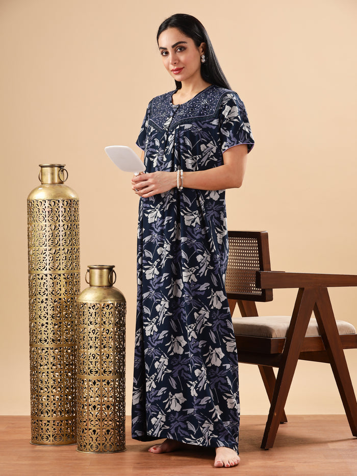 Soothing Blue Floral Maxi Nightdress with Embroidery