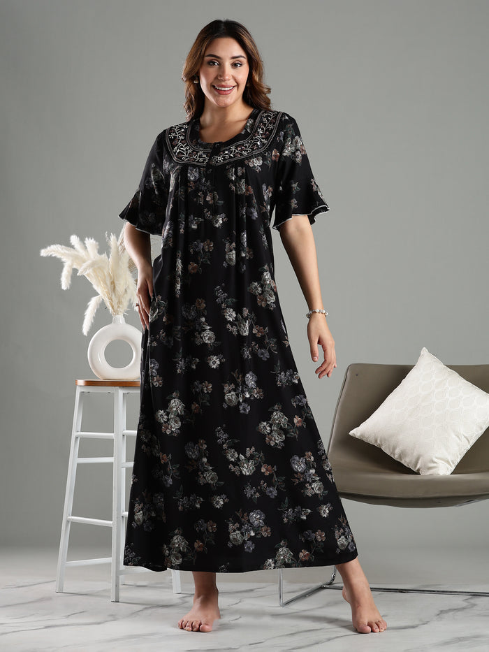 Black Floral Alpine Branded Nighty for Women