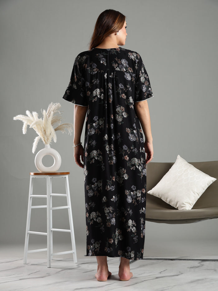 Black Floral Alpine Branded Nighty for Women