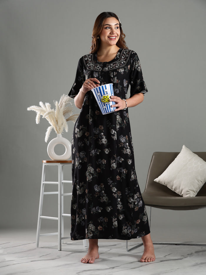 Black Floral Alpine Branded Nighty for Women