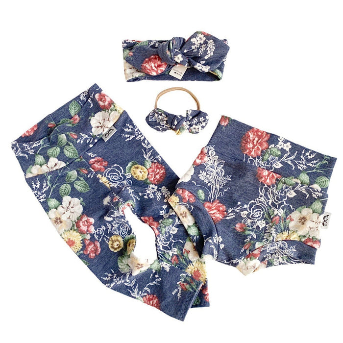 Floral on Heather Navy Bummies and/or Headbands