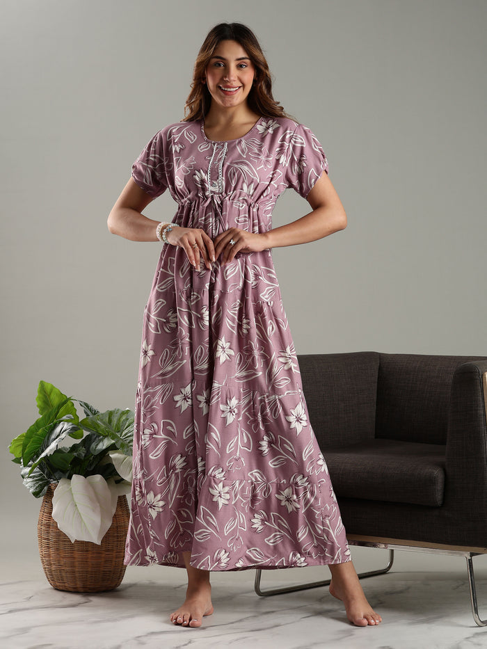 Blush Purple Floral Frock Type Nighty for Women
