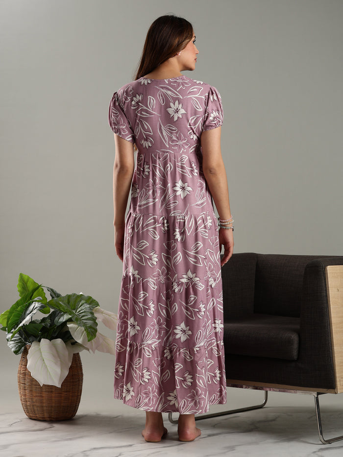Blush Purple Floral Frock Type Nighty for Women