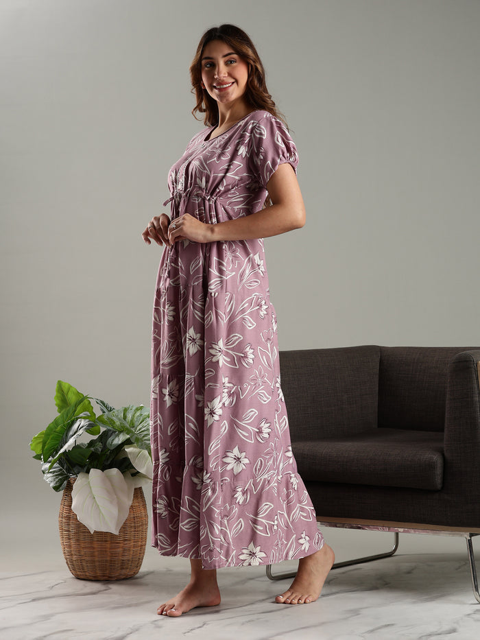 Blush Purple Floral Frock Type Nighty for Women