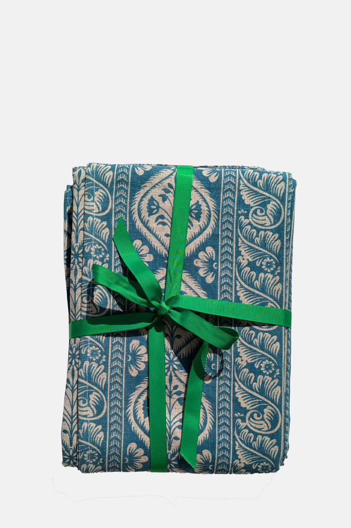 Folk Stripe Linen Tablecloth Blue