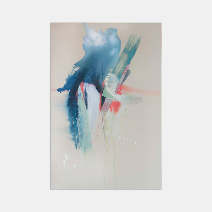 The artwork 'Forces Beyond' by Rebecca Stern features dynamic abstract brushstrokes in deep ocean blue and mint green watercolors, with subtle coral accents against a soft beige background. The composition flows vertically with ethereal washes and deliberate drips, creating a sense of movement and depth, measuring 36x24 inches.