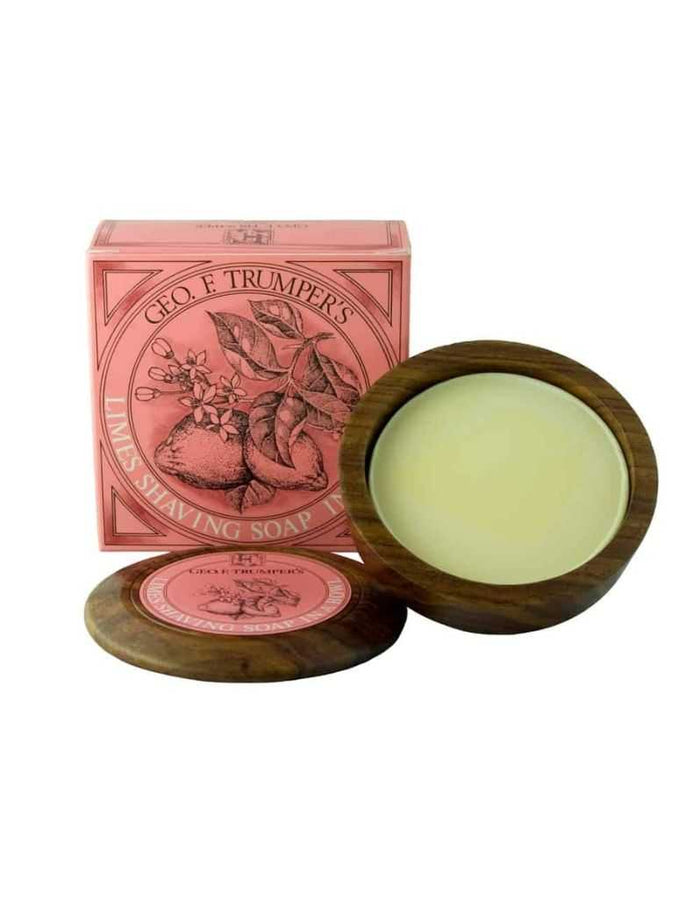 Geo F. Trumper Limes shaving soap in wooden bowl, pink packaging, personal care grooming product