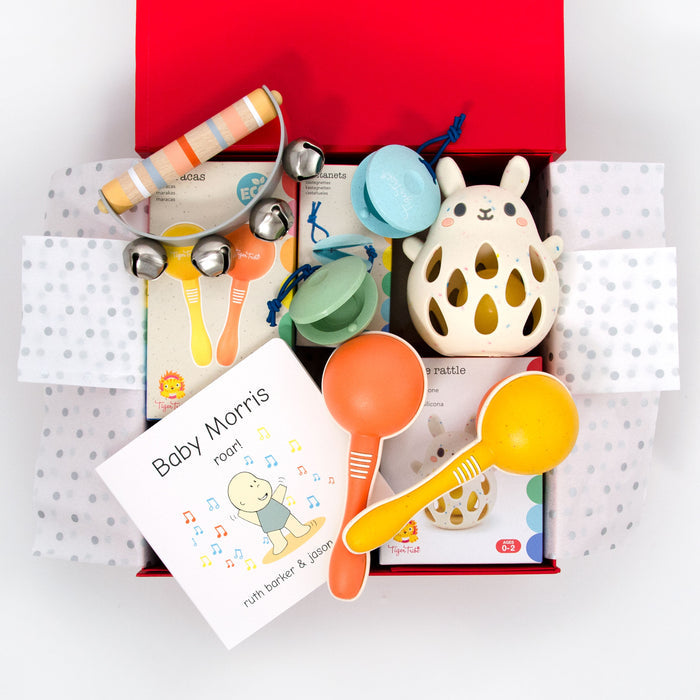 Signature red box including: 
Roar Board Book - Ruth Barker
Tiger Tribe Silicone Bunny Rattle
Tiger Tribe Eco Castanet Set
Calm &amp; Breezy Handbell
Tiger Tribe Eco Maraca Set

Price: 100